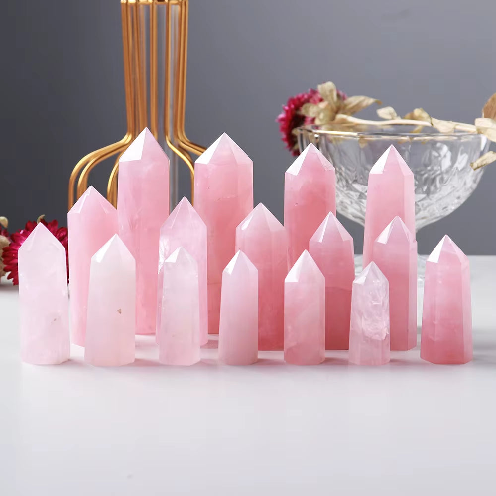 Natural Pink Crystal Point Rose Quartz Crystal Hexagonal Prism Ornament Magic Wand Healing Gemstone Crystal Tower
