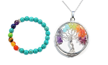 Unisex, Adult Chakra Pendant Necklace and Turquoise Energy Stone Bracelet