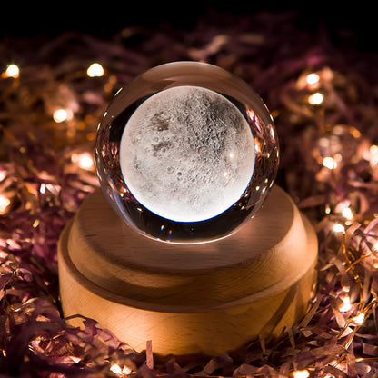Projection LED Light-3D Crystal Ball Music Box Luminous Rotating Musical Box-Wood Base Best Gift for 【Mother'S Day Gift】 Birthday Christmas (Moon)