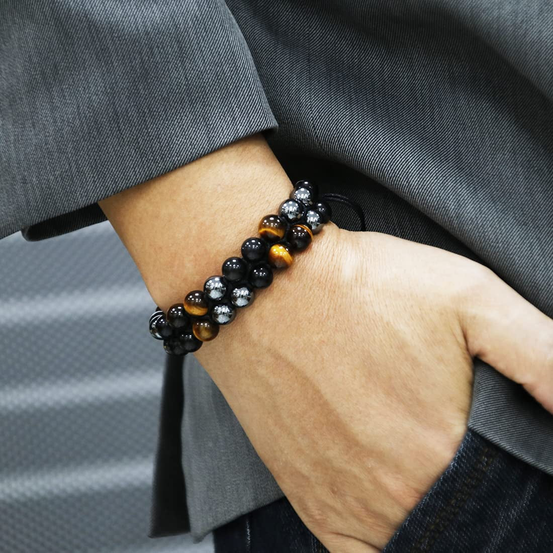 Healing Tigers Eye Black Obsidian Hematite 8Mm Stone Beads Good Luck Triple Protection Bracelet for Men Women