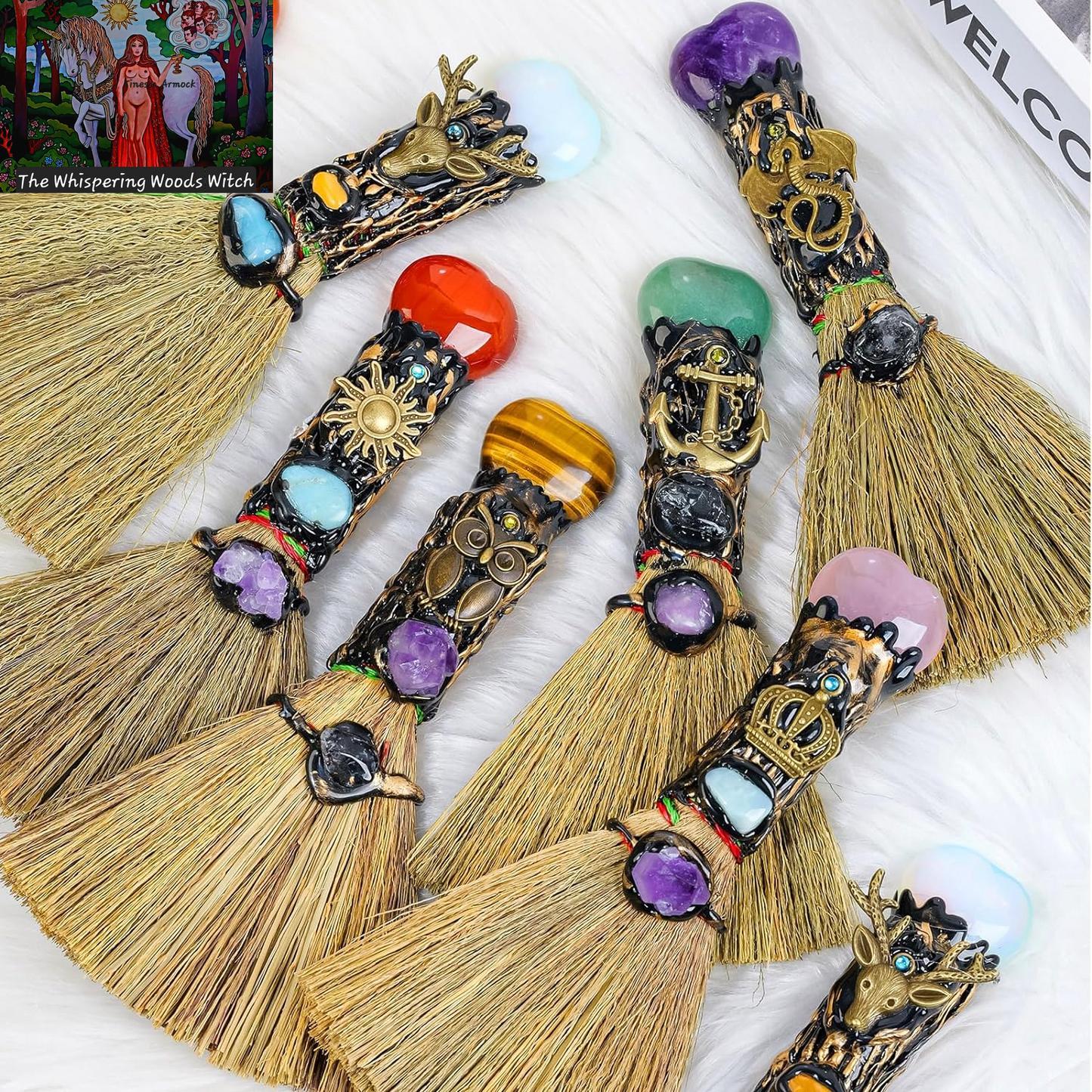 Tiger'S Eye Magic Broom - Natural Healing Crystal Witch Broom for Reiki Cleansing, Handmade Home & Office Decor, Spiritual Gift for Love & Positive Energy