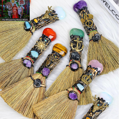 Tiger'S Eye Magic Broom - Natural Healing Crystal Witch Broom for Reiki Cleansing, Handmade Home & Office Decor, Spiritual Gift for Love & Positive Energy