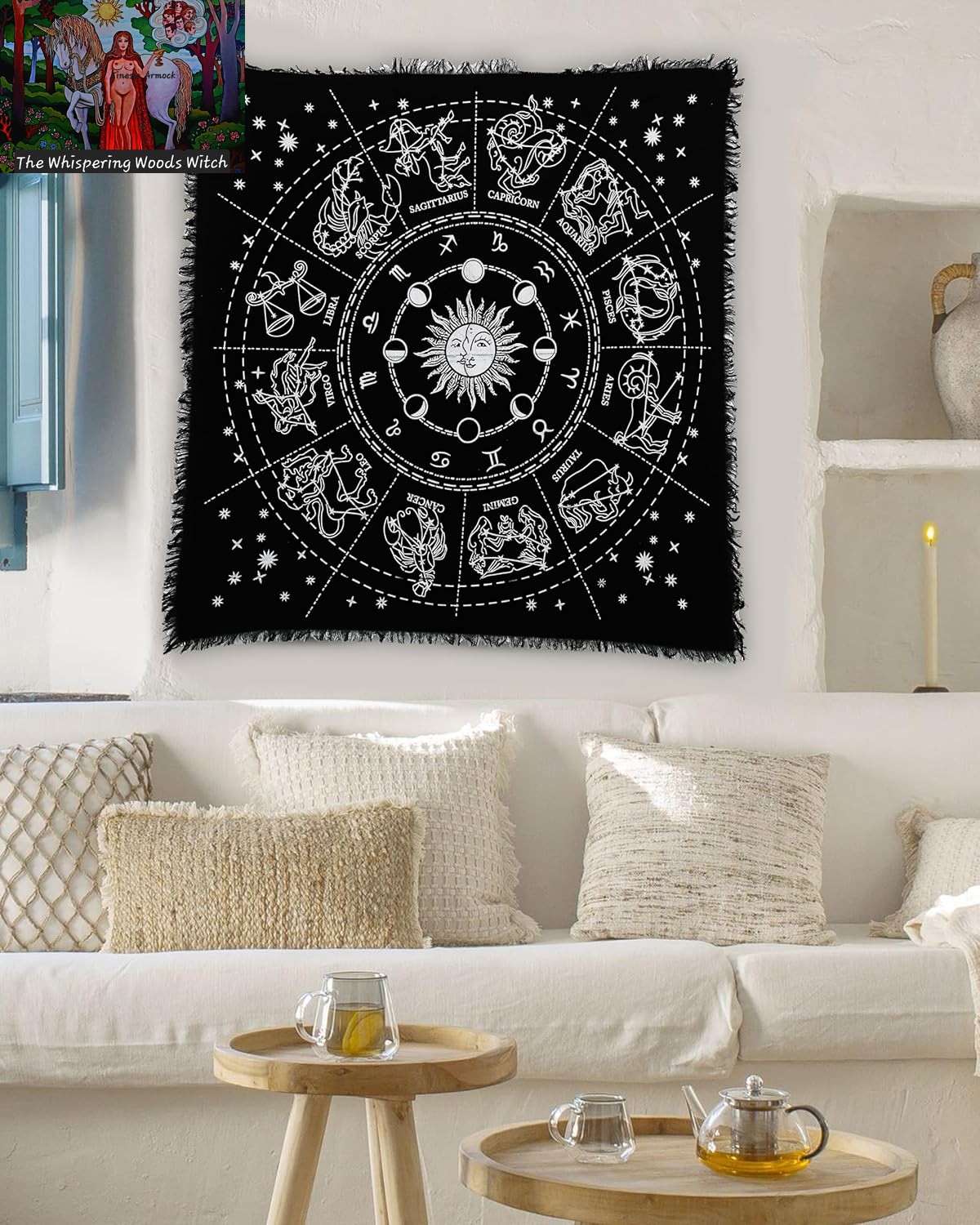 Altar Cloth Zodiac Witchcraft Alter Tarot Spread Top Cloth Wiccan Square Spiritual 36 by 36 Sacred Cloth Galaxy (Zodiac Silver)