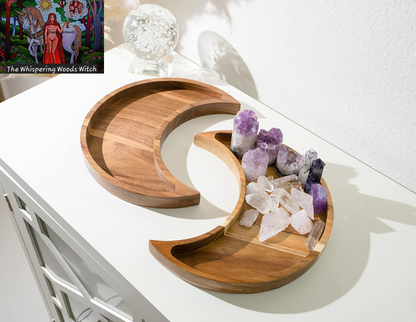 Moon Tray Crystal Holder and Display - Acacia Wood Crystal Tray for Stones, Healing Crystals and Gemstones Storage and Organizer Stand - Crescent Moon Bowl - Essential Oil Holder - Jewelry Dish Tray