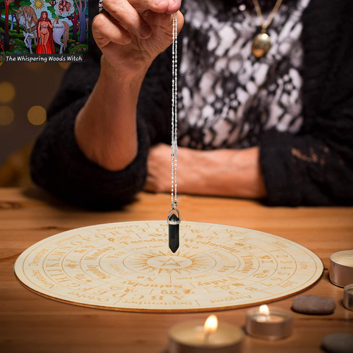 Star Pendulum Board Wooden Dowsing Board Divination Metaphysical Message Board for Witchcraft Wiccan Altar Supplies Kit Beginner Witchcraft Supply, round Shape (9.8 Inch)