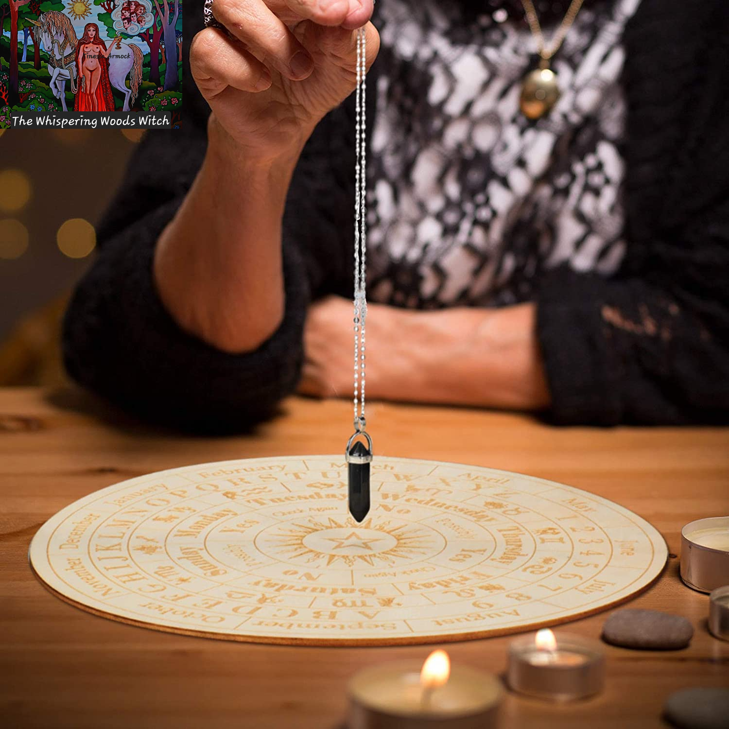 Star Pendulum Board Wooden Dowsing Board Divination Metaphysical Message Board for Witchcraft Wiccan Altar Supplies Kit Beginner Witchcraft Supply, round Shape (9.8 Inch)