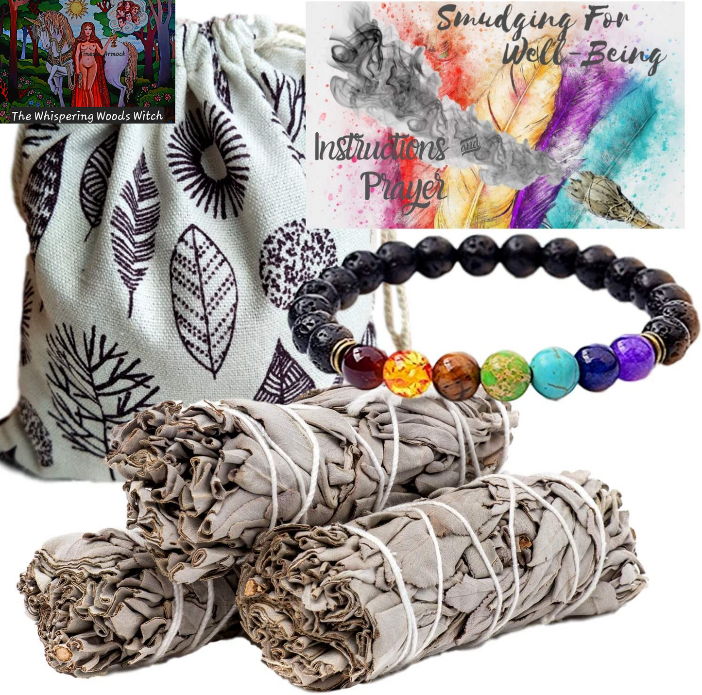 Sage Smudge Kit – 3 White Sage Smudge Sticks Smudging Kit, Sage Bundles & Bonus 7 Chakra Stones Diffuser Bracelet Set,Sage Incense Sticks for Cleansing, Bag, Instructions, Positive Vibes Charitable!