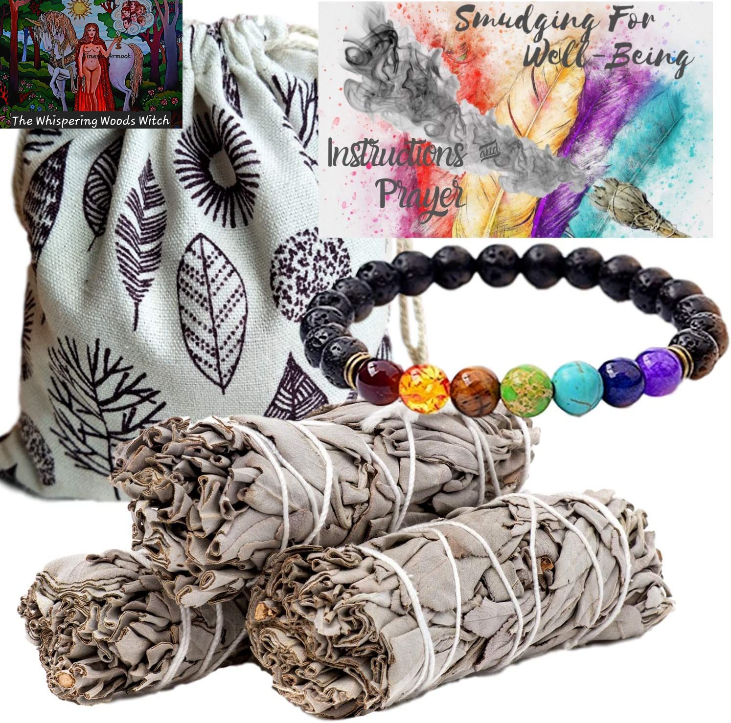 Sage Smudge Kit – 3 White Sage Smudge Sticks Smudging Kit, Sage Bundles & Bonus 7 Chakra Stones Diffuser Bracelet Set,Sage Incense Sticks for Cleansing, Bag, Instructions, Positive Vibes Charitable!