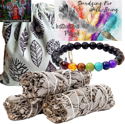Sage Smudge Kit – 3 White Sage Smudge Sticks Smudging Kit, Sage Bundles & Bonus 7 Chakra Stones Diffuser Bracelet Set,Sage Incense Sticks for Cleansing, Bag, Instructions, Positive Vibes Charitable!
