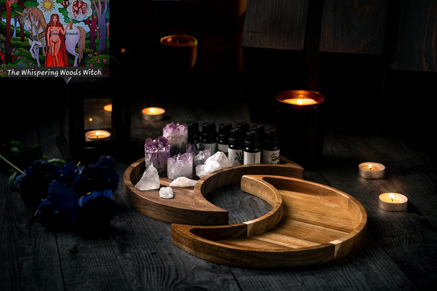 Moon Tray Crystal Holder and Display - Acacia Wood Crystal Tray for Stones, Healing Crystals and Gemstones Storage and Organizer Stand - Crescent Moon Bowl - Essential Oil Holder - Jewelry Dish Tray