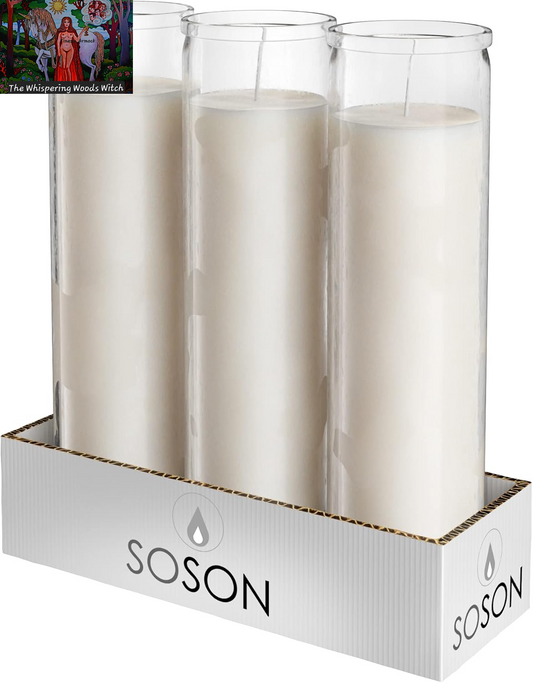 2X8 Inch 7 Day White Pillar Candles in Glass Set of 3, 90 Hour Burn Time, Unscented Prayer Candles for Memorials and Vigils