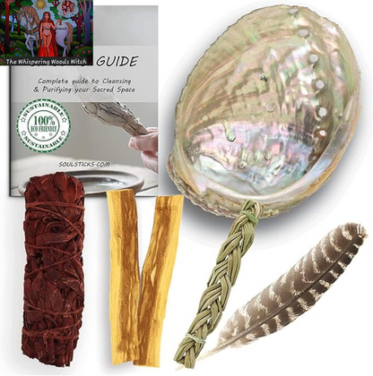 Ancient VEDA Organic Smudge Kit – Dragon'S Blood, Palo Santo, Sweetgrass, Abalone Shell, Feather & Smudge Guide | Smudging Kit for Home Energy Cleansing, Meditation (Healer'S Kit, Dragon'S Blood Sage)
