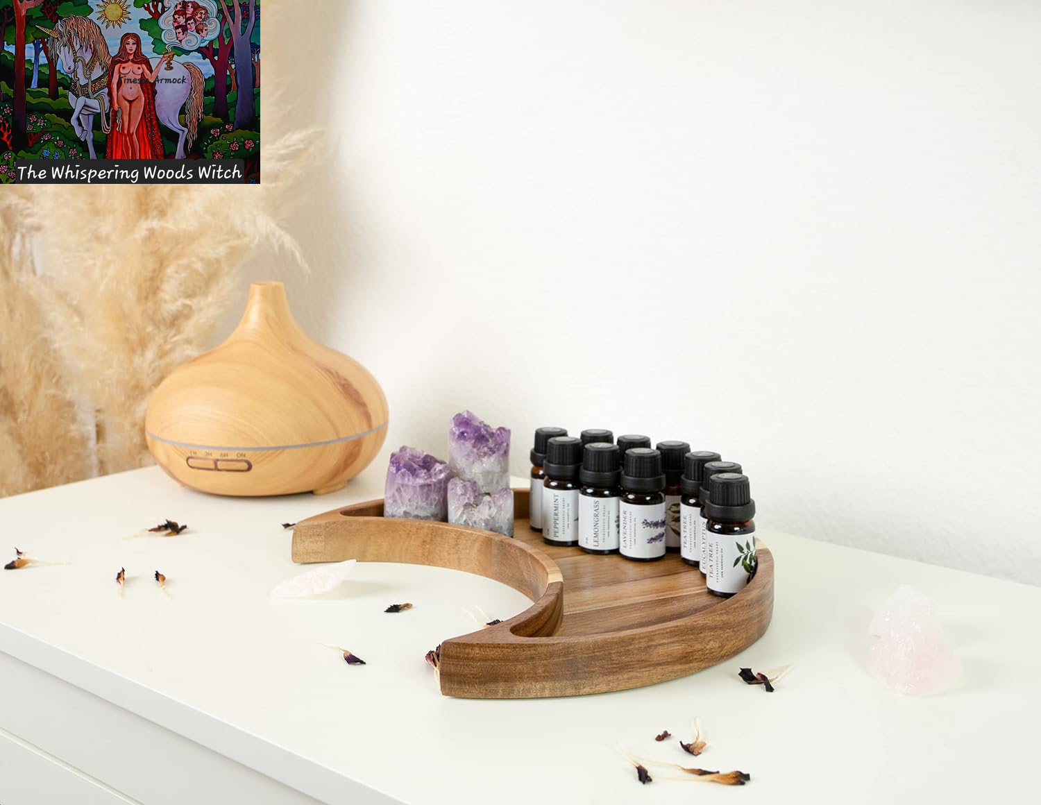 Moon Tray Crystal Holder and Display - Acacia Wood Crystal Tray for Stones, Healing Crystals and Gemstones Storage and Organizer Stand - Crescent Moon Bowl - Essential Oil Holder - Jewelry Dish Tray