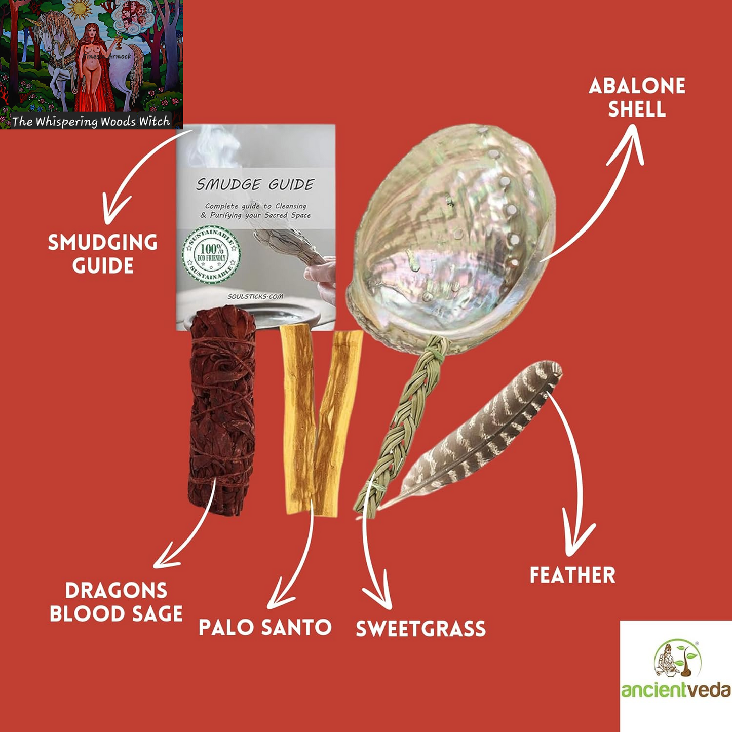 Ancient VEDA Organic Smudge Kit – Dragon'S Blood, Palo Santo, Sweetgrass, Abalone Shell, Feather & Smudge Guide | Smudging Kit for Home Energy Cleansing, Meditation (Healer'S Kit, Dragon'S Blood Sage)