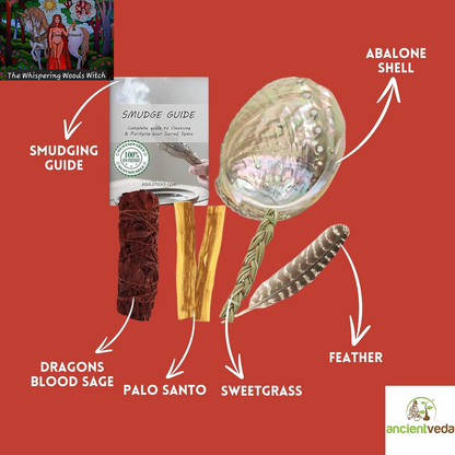 Ancient VEDA Organic Smudge Kit – Dragon'S Blood, Palo Santo, Sweetgrass, Abalone Shell, Feather & Smudge Guide | Smudging Kit for Home Energy Cleansing, Meditation (Healer'S Kit, Dragon'S Blood Sage)