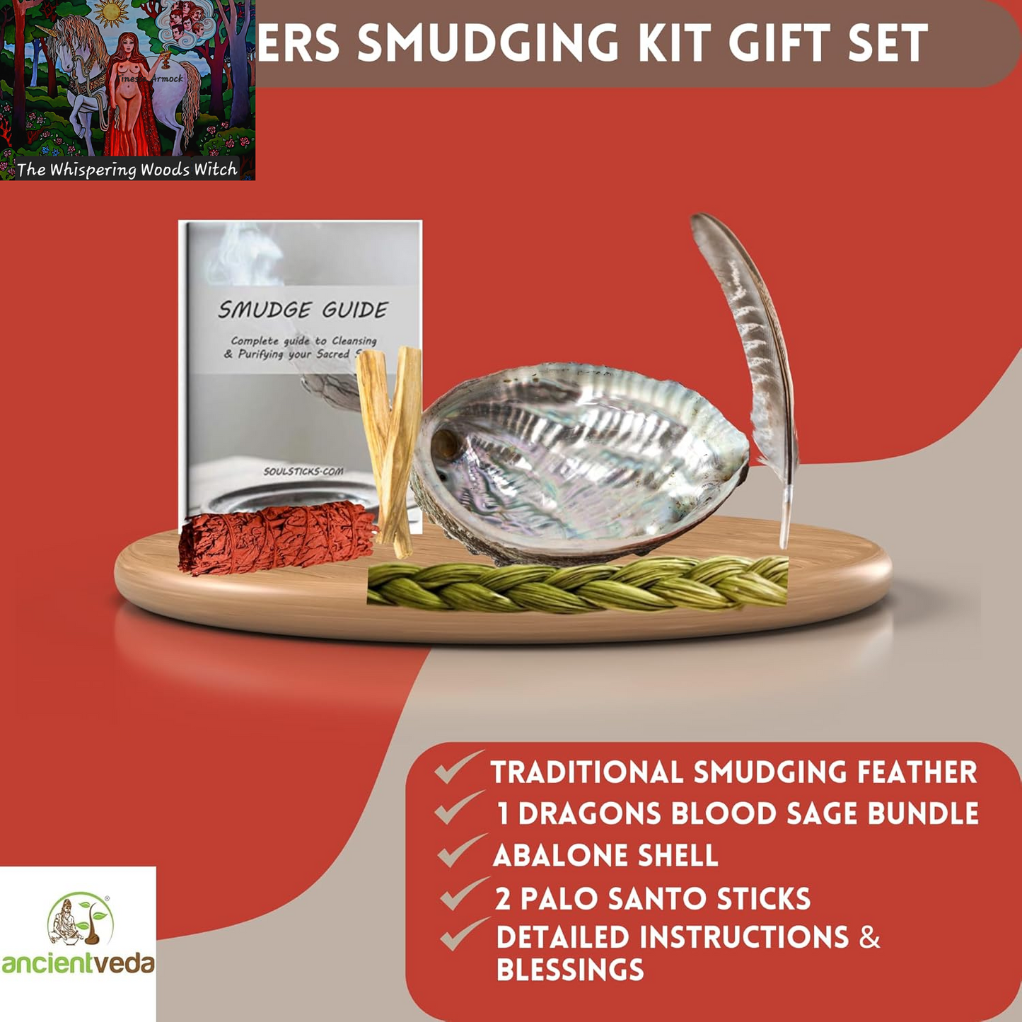 Ancient VEDA Organic Smudge Kit – Dragon'S Blood, Palo Santo, Sweetgrass, Abalone Shell, Feather & Smudge Guide | Smudging Kit for Home Energy Cleansing, Meditation (Healer'S Kit, Dragon'S Blood Sage)