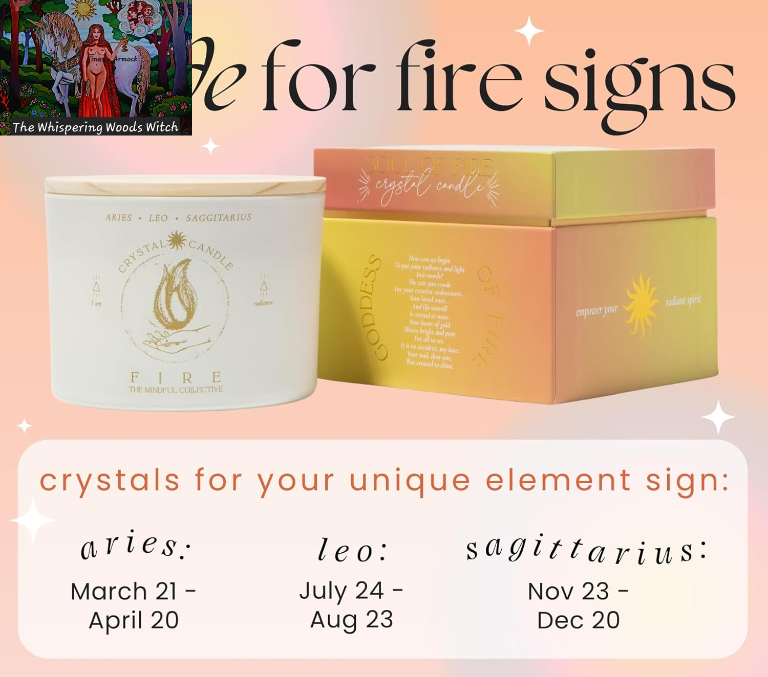 Aries, Leo, Sagittarius Gifts for Women - 12Oz Wood Wick Candles That Crackle with Crystals and Healing Stones. Healing Crystal Candles for Women Home Scented. Soy Wax, for Zodiac Birthdate