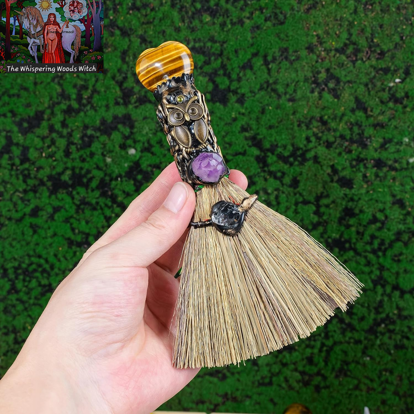 Tiger'S Eye Magic Broom - Natural Healing Crystal Witch Broom for Reiki Cleansing, Handmade Home & Office Decor, Spiritual Gift for Love & Positive Energy