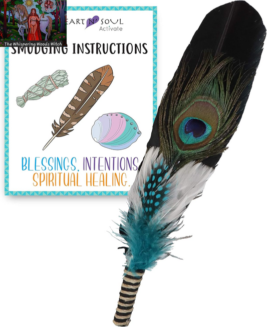 Smudge Feather, Turkey and Peacock, Unique Homecrafted Energy Cleansing Clearing Spiritual Practice House Smudging - Detailed Instructions for Beginners (1 Count)