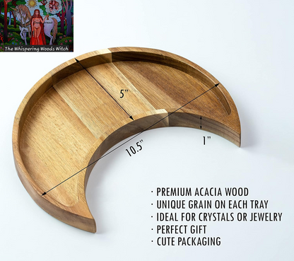Moon Tray Crystal Holder and Display - Acacia Wood Crystal Tray for Stones, Healing Crystals and Gemstones Storage and Organizer Stand - Crescent Moon Bowl - Essential Oil Holder - Jewelry Dish Tray