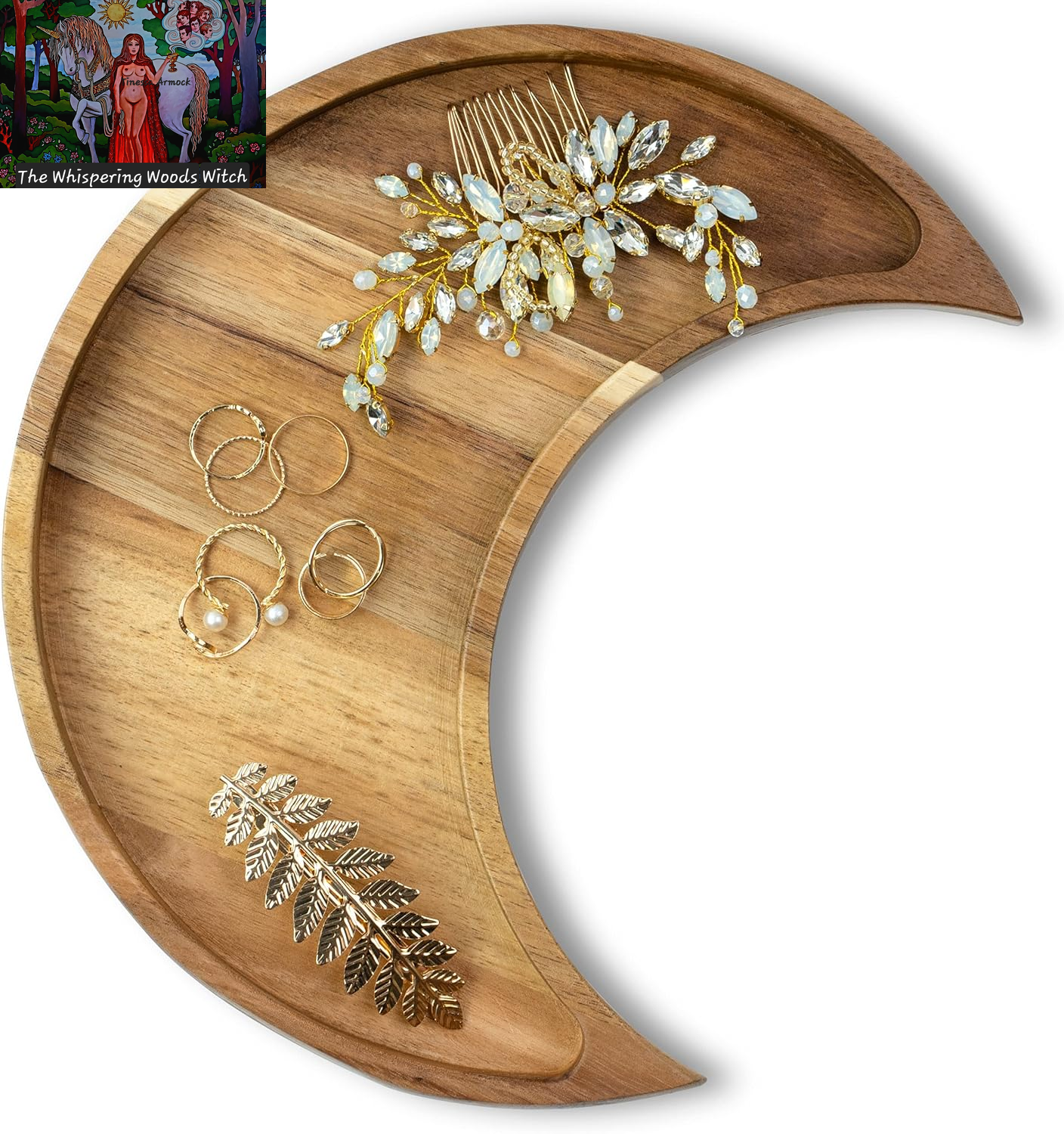 Moon Tray Crystal Holder and Display - Acacia Wood Crystal Tray for Stones, Healing Crystals and Gemstones Storage and Organizer Stand - Crescent Moon Bowl - Essential Oil Holder - Jewelry Dish Tray