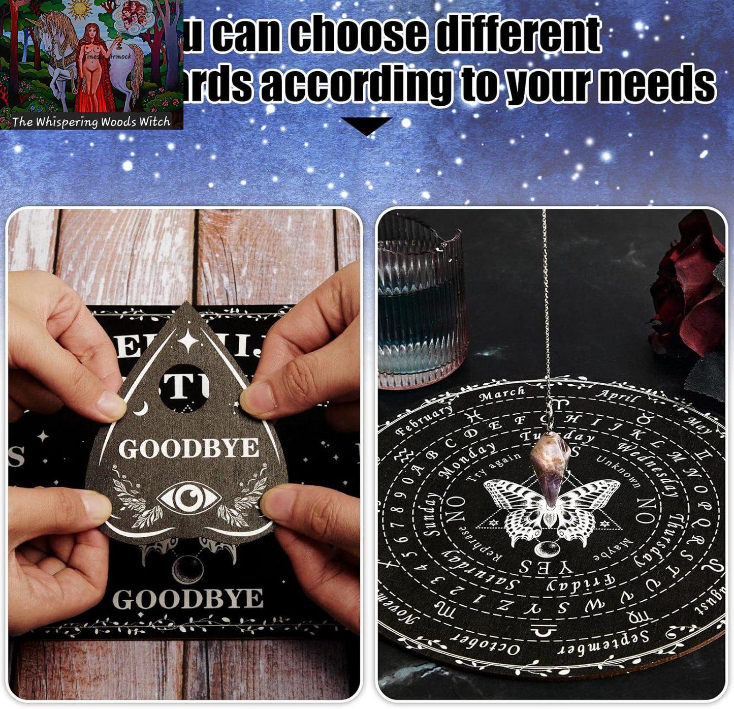 Pendulum Dowsing Divination Board with Amethyst Set Wooden Spirit Talking Board Metaphysical Message Crystal Pendulum Necklace with Planchette for Wiccan Supply(Butterfly Style)