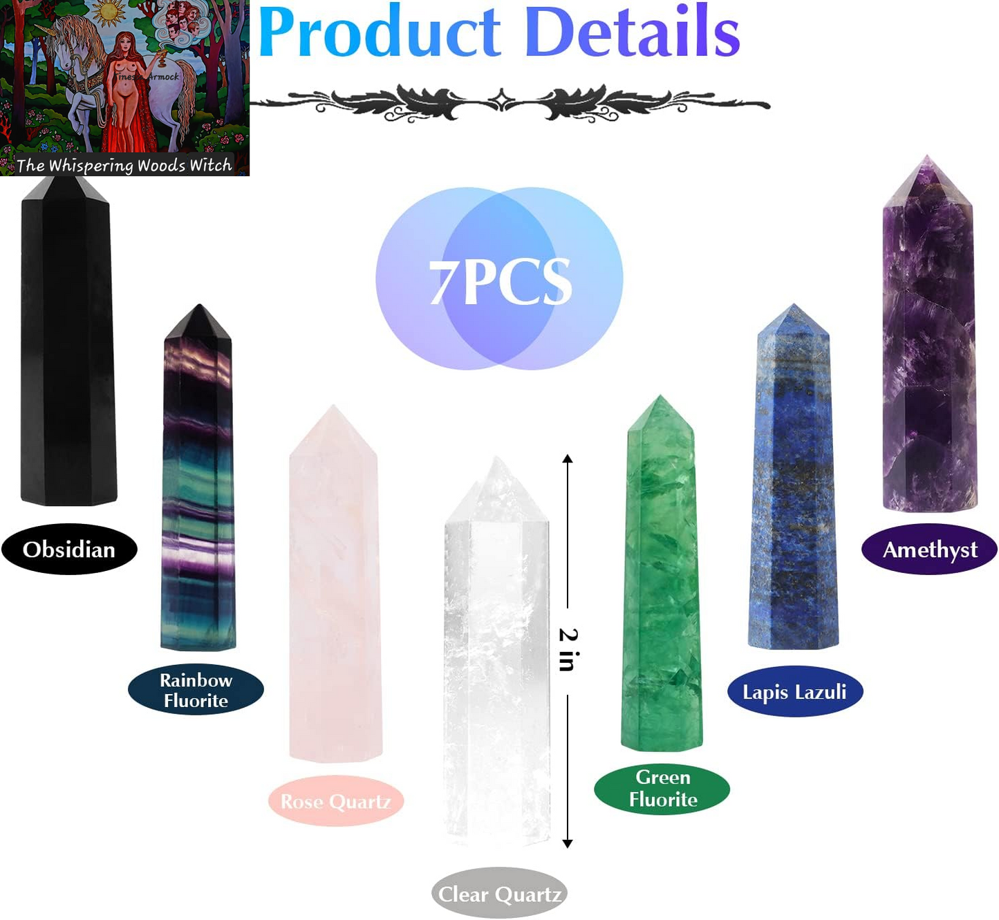 7 PCS Healing Crystal Wands | 2" Amethyst, Rose Quartz,Clear Quartz,Black Obsidian,Green Fluorite, Lapis Lazuli,Rainbow Fluorite| 6 Faceted Reiki Chakra Meditation Therapy