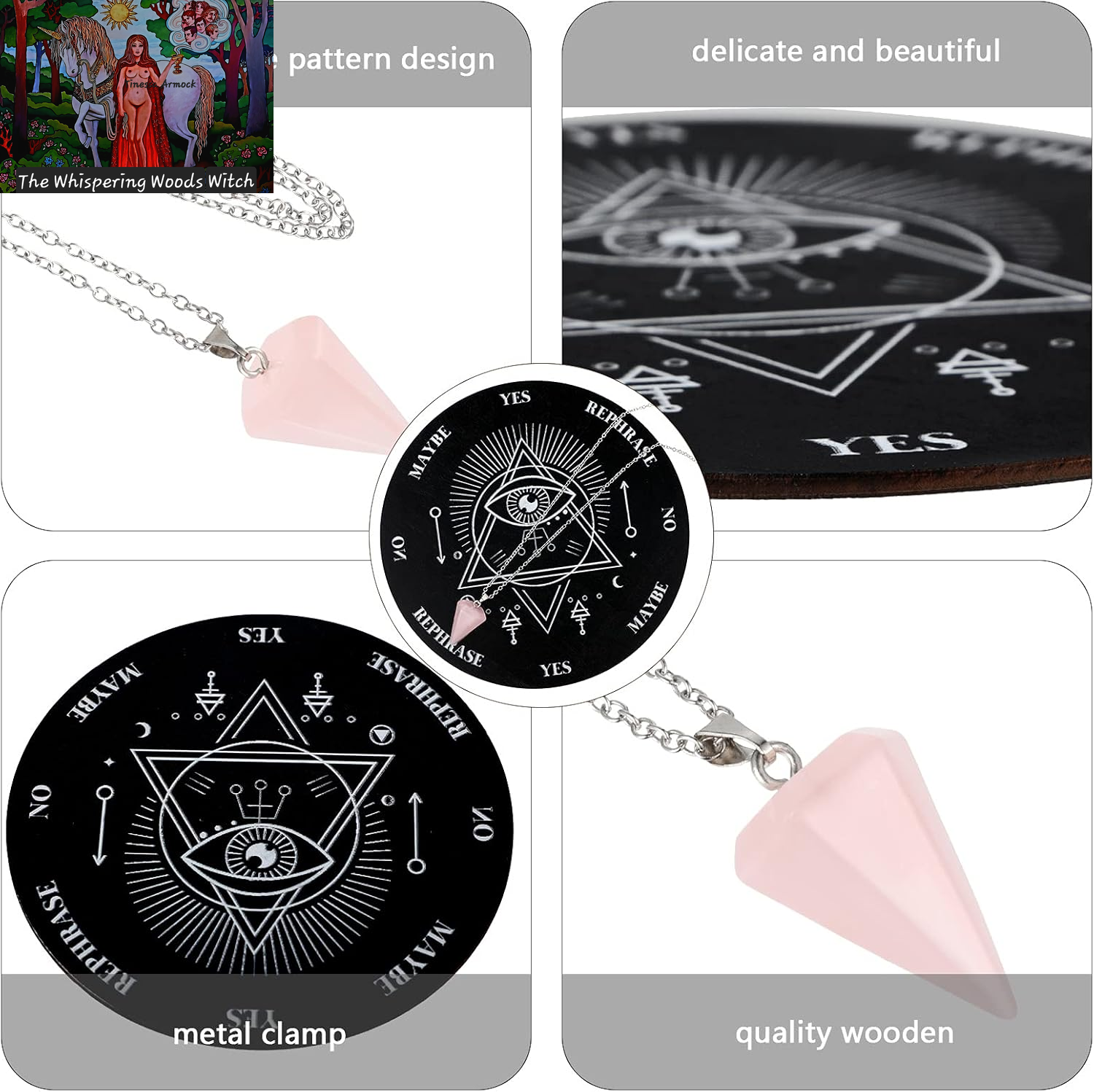 Wooden Pendulum Board Dowsing Divination Pendulum Witchcraft Altar Supplies with Crystal Necklace and Metaphysical Message Board Kit, 3.9 Inch(Black)
