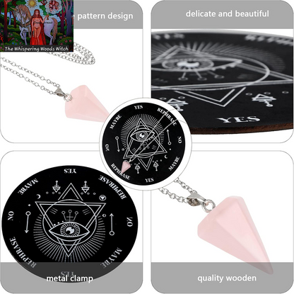 Wooden Pendulum Board Dowsing Divination Pendulum Witchcraft Altar Supplies with Crystal Necklace and Metaphysical Message Board Kit, 3.9 Inch(Black)