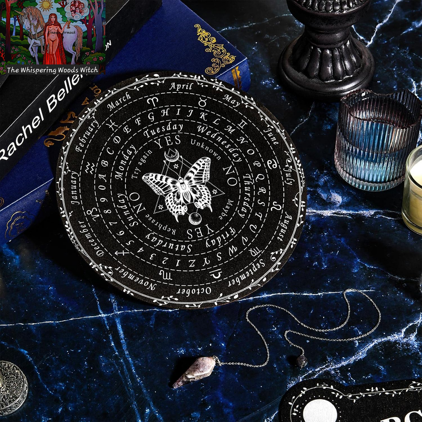 Pendulum Dowsing Divination Board with Amethyst Set Wooden Spirit Talking Board Metaphysical Message Crystal Pendulum Necklace with Planchette for Wiccan Supply(Butterfly Style)