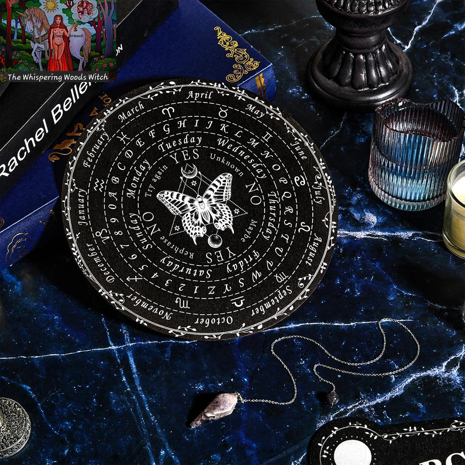 Pendulum Dowsing Divination Board with Amethyst Set Wooden Spirit Talking Board Metaphysical Message Crystal Pendulum Necklace with Planchette for Wiccan Supply(Butterfly Style)