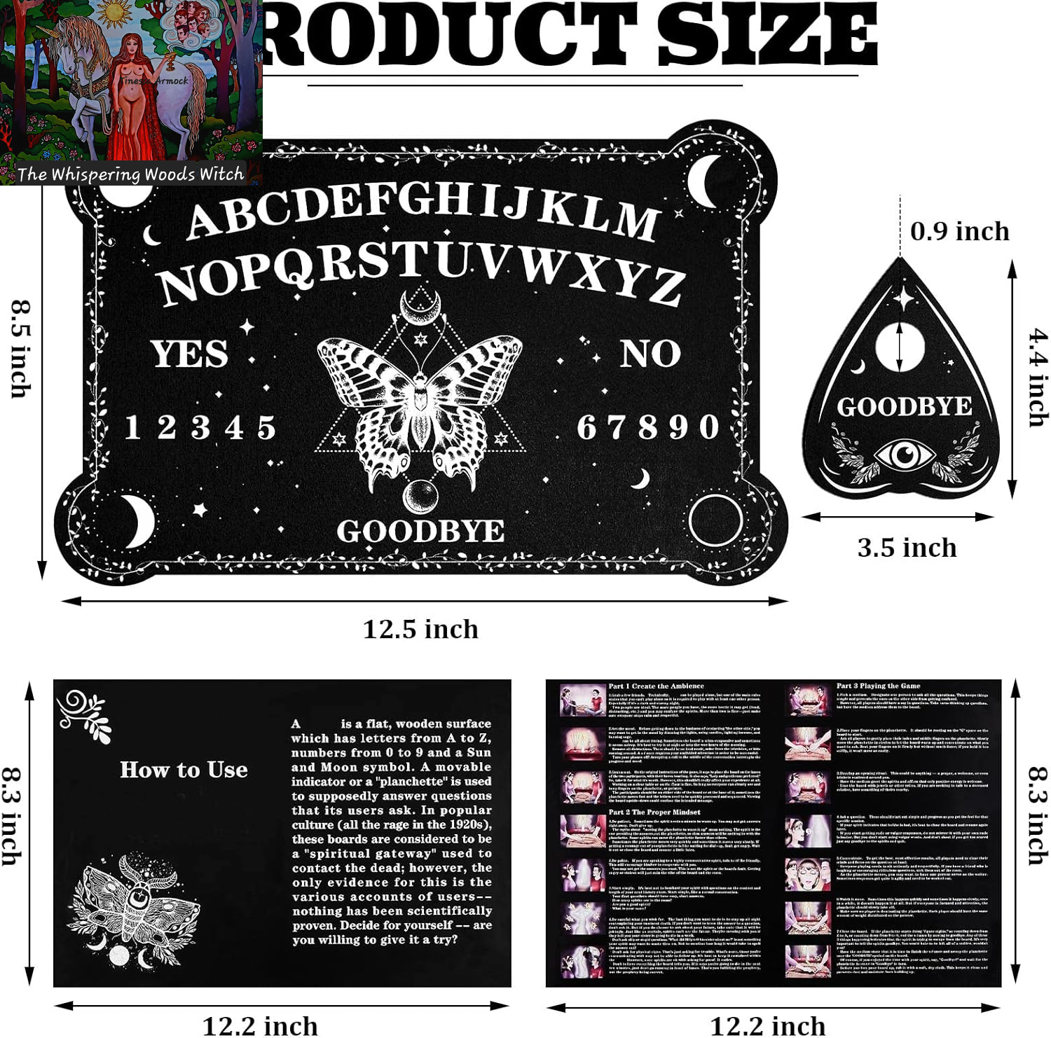 Pendulum Dowsing Divination Board with Amethyst Set Wooden Spirit Talking Board Metaphysical Message Crystal Pendulum Necklace with Planchette for Wiccan Supply(Butterfly Style)