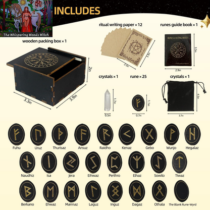 Runes, Wooden Runes Set with Guide Book, Healing Crystals, Ritual Paper, Tarot Bag, Witch Runa for Beginners, Witchcraft/Divination/Meditation/Spiritual