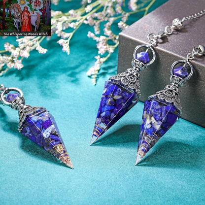 Natural Lapis Lazuli Healing Crystal Dowsing Pendulum Reiki Gemstone Chips Orgone Pendulum 6 Faceted Hexagonal Pointed Resin Spiritual Pendant for Divination, Wicca, Energy Balancing