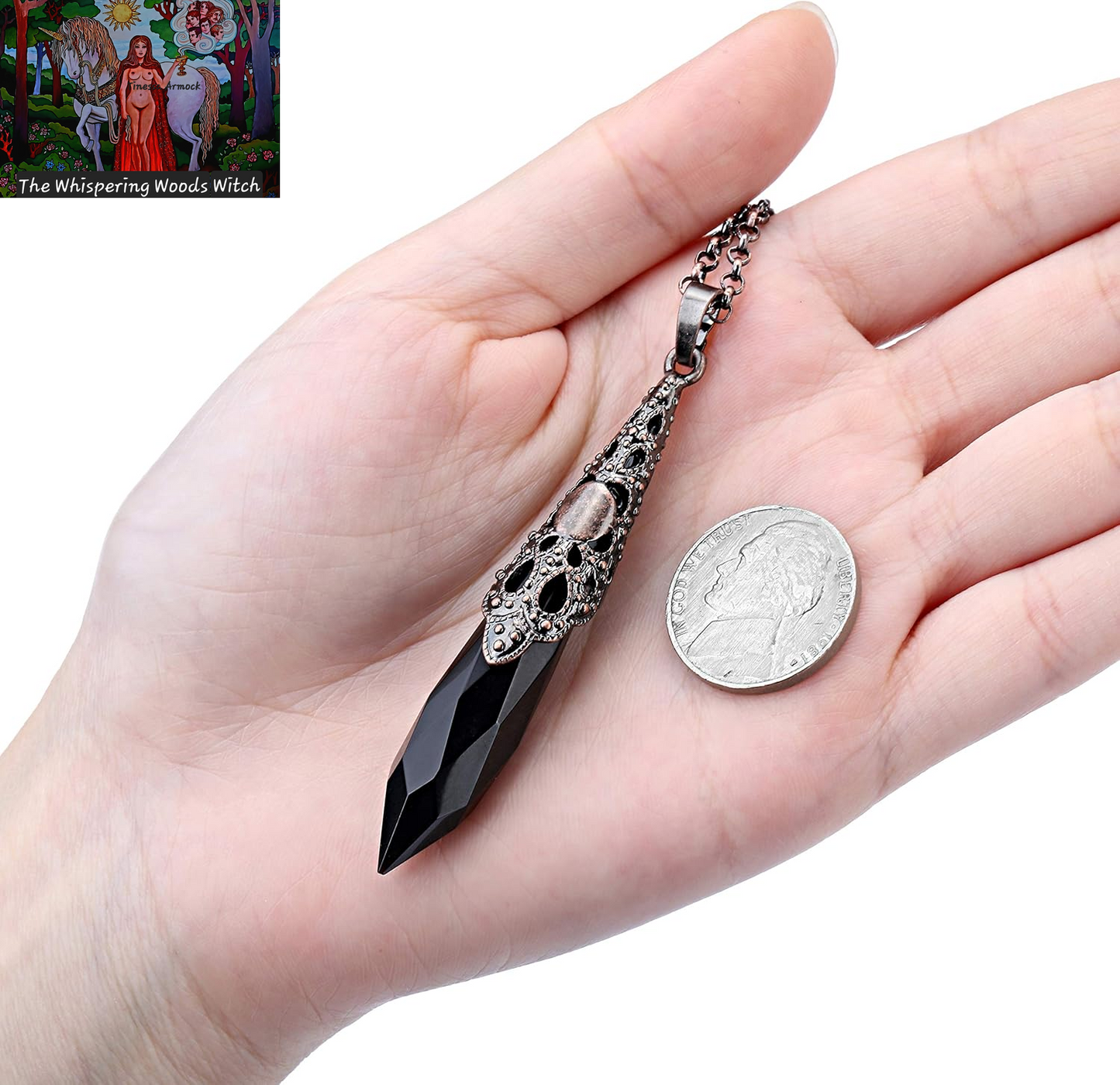 Natural Black Obsidian Healing Crystal Necklace Bronze Flower Wrapped Facted Gemstone Pointed Pendant Pendulum for Reiki Divination Wicca Balancing