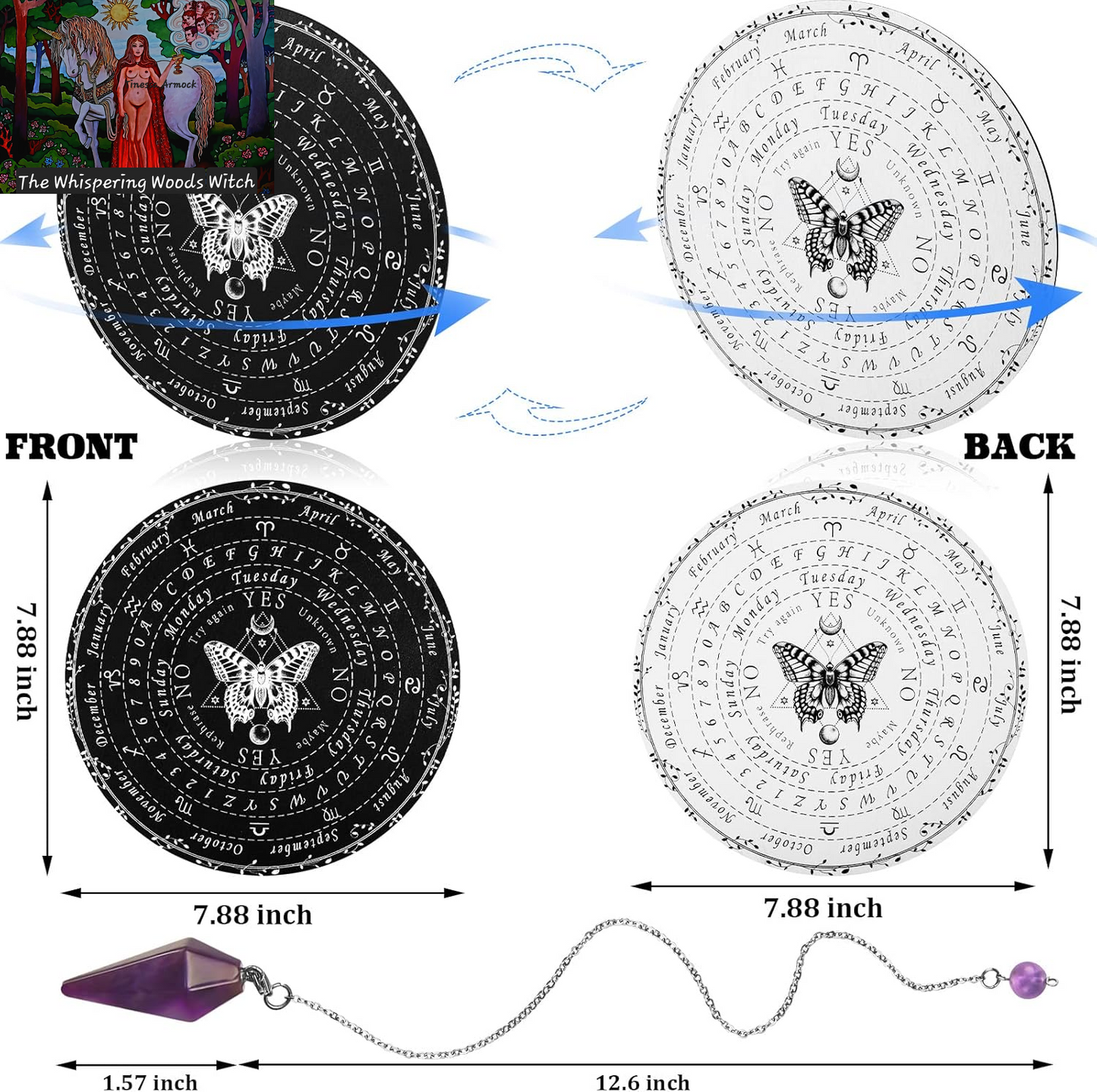 Pendulum Dowsing Divination Board with Amethyst Set Wooden Spirit Talking Board Metaphysical Message Crystal Pendulum Necklace with Planchette for Wiccan Supply(Butterfly Style)