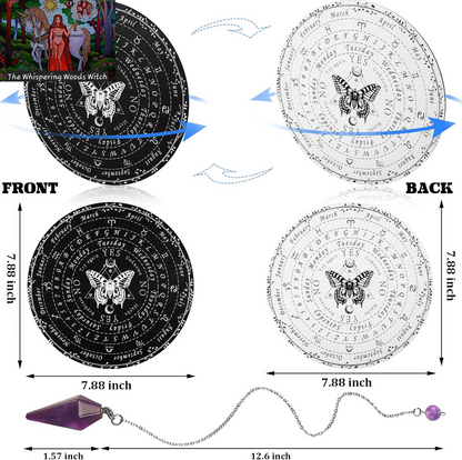 Pendulum Dowsing Divination Board with Amethyst Set Wooden Spirit Talking Board Metaphysical Message Crystal Pendulum Necklace with Planchette for Wiccan Supply(Butterfly Style)
