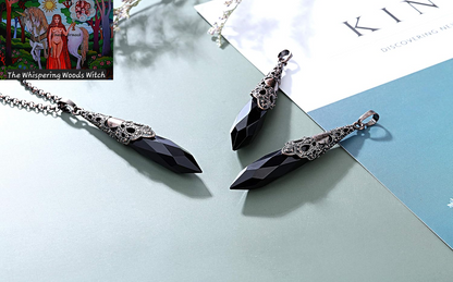 Natural Black Obsidian Healing Crystal Necklace Bronze Flower Wrapped Facted Gemstone Pointed Pendant Pendulum for Reiki Divination Wicca Balancing