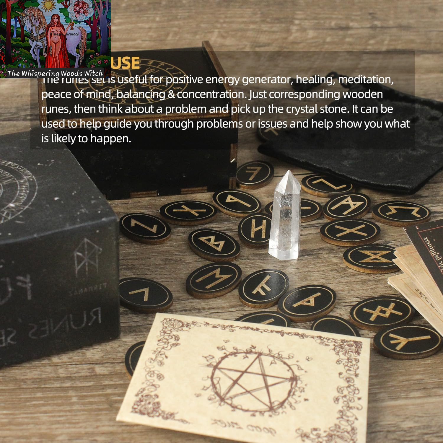 Runes, Wooden Runes Set with Guide Book, Healing Crystals, Ritual Paper, Tarot Bag, Witch Runa for Beginners, Witchcraft/Divination/Meditation/Spiritual