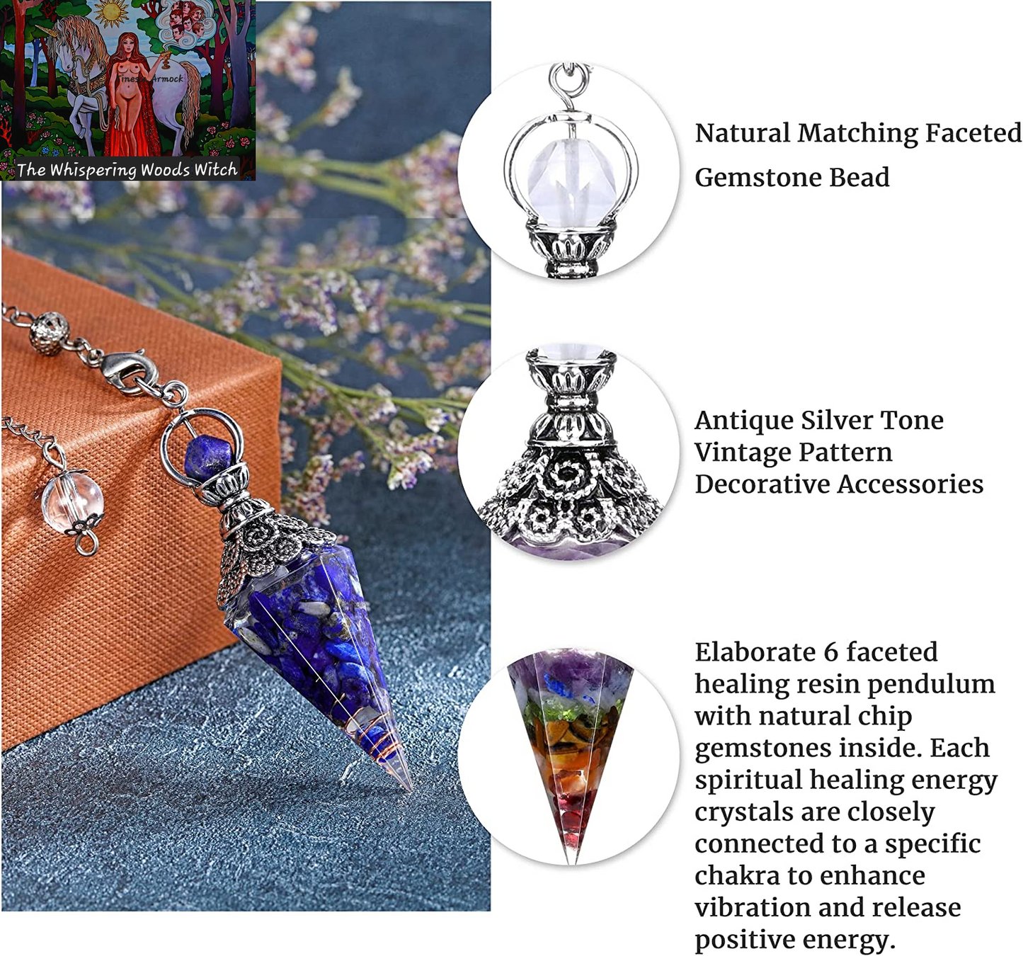 Natural Lapis Lazuli Healing Crystal Dowsing Pendulum Reiki Gemstone Chips Orgone Pendulum 6 Faceted Hexagonal Pointed Resin Spiritual Pendant for Divination, Wicca, Energy Balancing