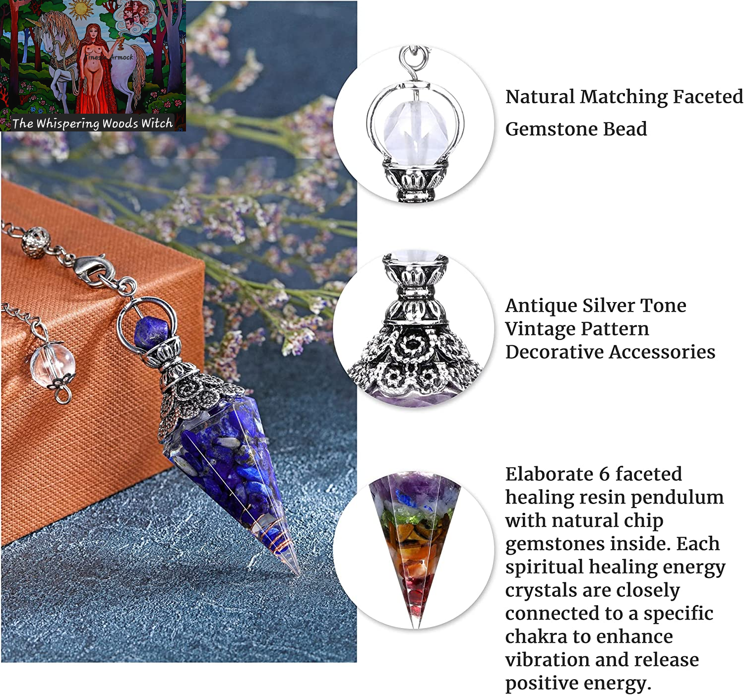 Natural Lapis Lazuli Healing Crystal Dowsing Pendulum Reiki Gemstone Chips Orgone Pendulum 6 Faceted Hexagonal Pointed Resin Spiritual Pendant for Divination, Wicca, Energy Balancing