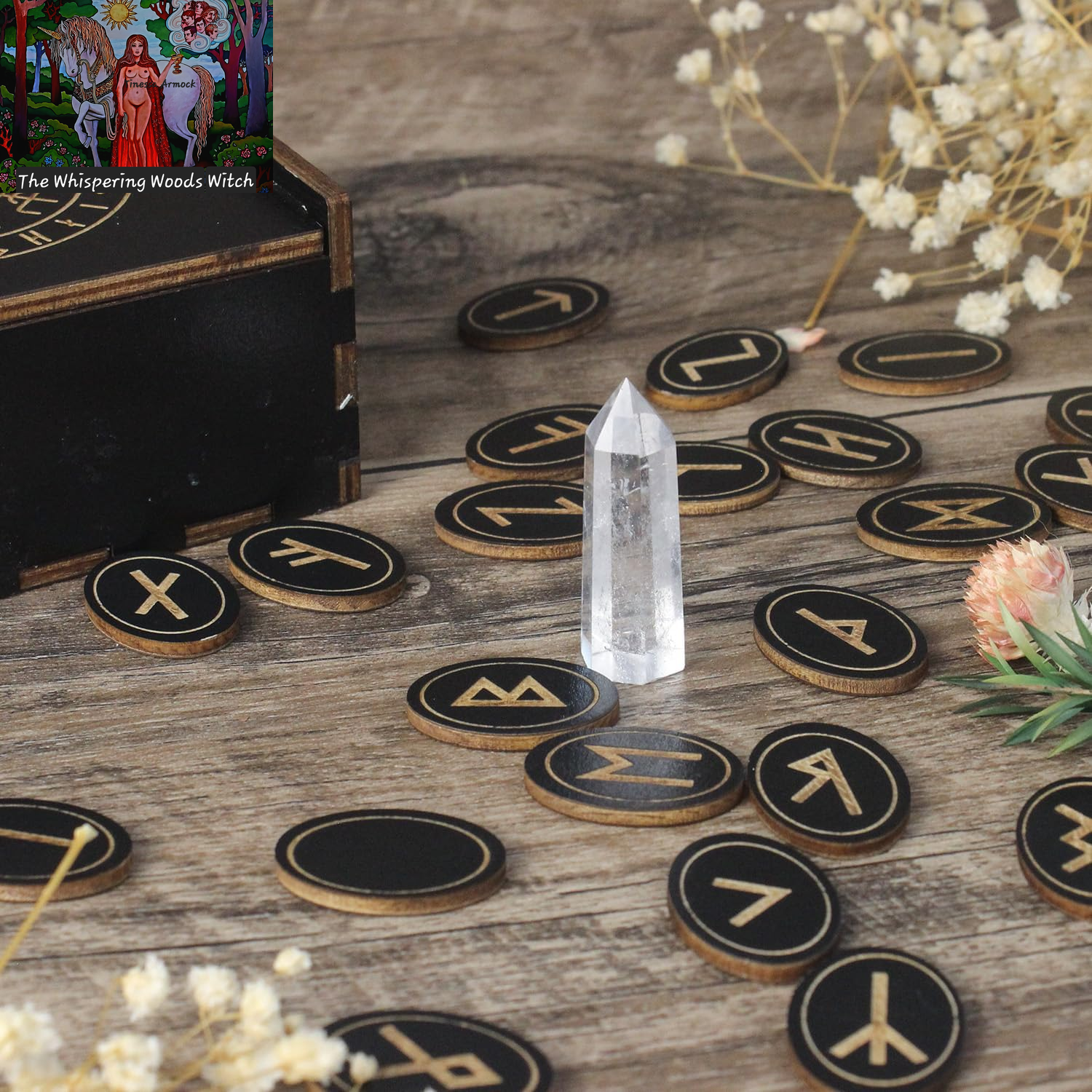 Runes, Wooden Runes Set with Guide Book, Healing Crystals, Ritual Paper, Tarot Bag, Witch Runa for Beginners, Witchcraft/Divination/Meditation/Spiritual