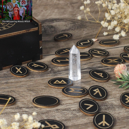 Runes, Wooden Runes Set with Guide Book, Healing Crystals, Ritual Paper, Tarot Bag, Witch Runa for Beginners, Witchcraft/Divination/Meditation/Spiritual