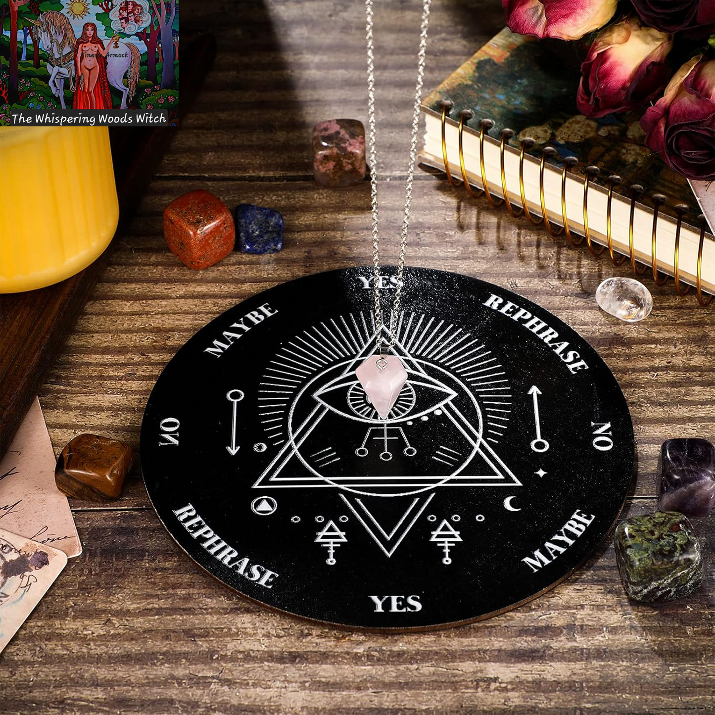 Wooden Pendulum Board Dowsing Divination Pendulum Witchcraft Altar Supplies with Crystal Necklace and Metaphysical Message Board Kit, 3.9 Inch(Black)