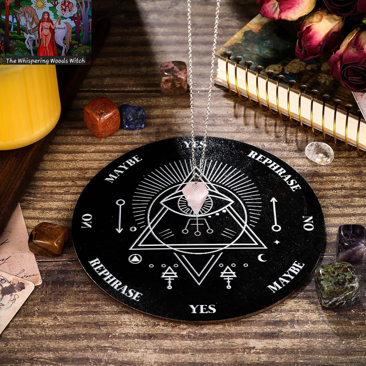 Wooden Pendulum Board Dowsing Divination Pendulum Witchcraft Altar Supplies with Crystal Necklace and Metaphysical Message Board Kit, 3.9 Inch(Black)