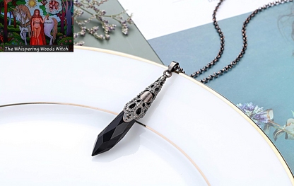 Natural Black Obsidian Healing Crystal Necklace Bronze Flower Wrapped Facted Gemstone Pointed Pendant Pendulum for Reiki Divination Wicca Balancing