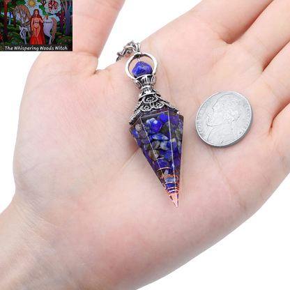Natural Lapis Lazuli Healing Crystal Dowsing Pendulum Reiki Gemstone Chips Orgone Pendulum 6 Faceted Hexagonal Pointed Resin Spiritual Pendant for Divination, Wicca, Energy Balancing