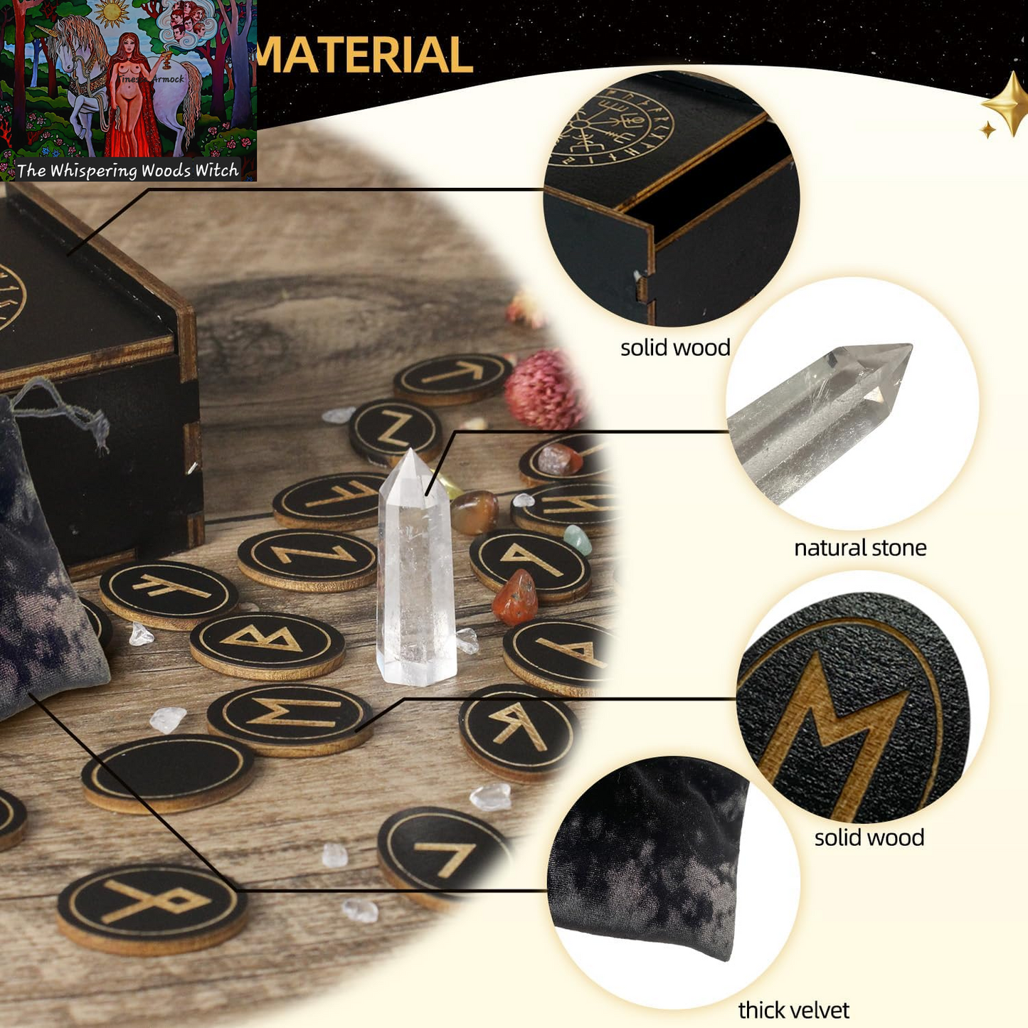 Runes, Wooden Runes Set with Guide Book, Healing Crystals, Ritual Paper, Tarot Bag, Witch Runa for Beginners, Witchcraft/Divination/Meditation/Spiritual
