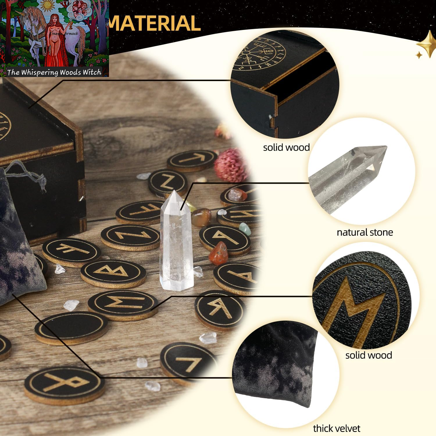 Runes, Wooden Runes Set with Guide Book, Healing Crystals, Ritual Paper, Tarot Bag, Witch Runa for Beginners, Witchcraft/Divination/Meditation/Spiritual