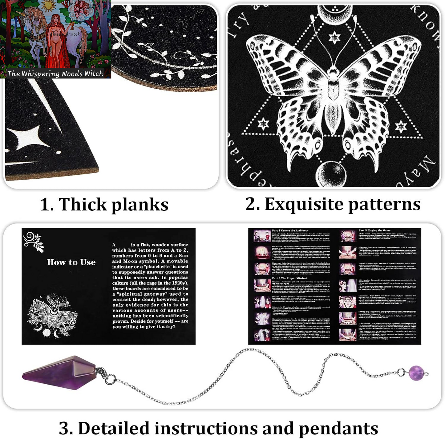 Pendulum Dowsing Divination Board with Amethyst Set Wooden Spirit Talking Board Metaphysical Message Crystal Pendulum Necklace with Planchette for Wiccan Supply(Butterfly Style)